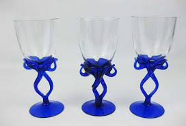 Jozefina Krosno Cobalt Electric Blue Art Glass Free Form Stemmed Wine Glasses 3