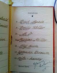 A card listing partners for scheduled dances; My Dance Card Is Full Dance Cards From The 1930 S 40 S Collections Thoughts And Things