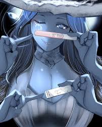 meow7tail, ranni the witch, elden ring, 1girl, alternate breast size, blue  eyes, blue hair, blue skin, breasts, cleavage, closed mouth, colored skin,  coronavirus pandemic, covid