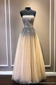 Attractive Strapless Tulle Champagne Prom Dress Floor Length A Line Plus Size Party Dresses Crystal Beading Formal Evening Dresses