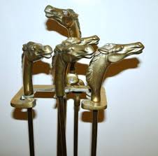 Brass Horse Heads Fireplace Tool Set