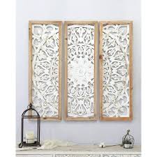White Carved Wood Wall Decor Fl Patterned Wooden Panels Set Of 3 Wall Art Decorative Carved Wall Sculpture