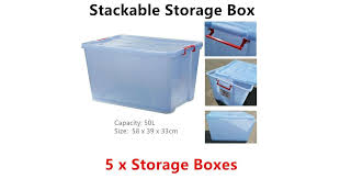 The storage container ec64420ccf can accommodate loads up to 60 kg and volume up to 80 litres. 5x 50l Large Stackable Heavy Duty Plastic Storage Box W Wheel Container Tub Bin Matt Blatt