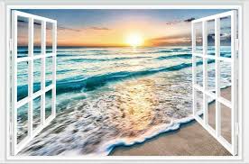 3d Fake Window Sunrise Ocean Beach Wall