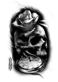 Skull Rose Clock Black And Grey Tattoo Sleeve Ideas Designs