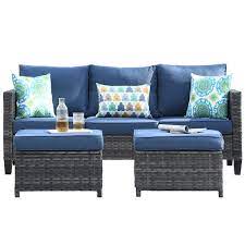 Xizzi Neptune Gray 7 Piece Wicker Patio Conversation Seating Sofa Set With Denim Blue Cushions And Swivel Rocking Chairs