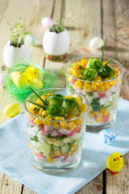 Tried and true easy easter dinner recipes with everything from slow cooker ham to orange cream fruit salad, banana cream. Salad With Crab Sticks Eggs Corn And Fresh Cucumber The Idea Stock Photo Picture And Royalty Free Image Image 70681558