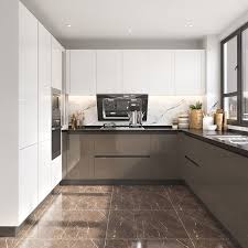 A brilliant center island in staggered heights accommodates the culinary master and dining. China Oppein Australian Apartment Project Au Standard High Gloss Kitchen Cabinets China High Gloss Kitchen Cabinets Glossy Kitchen Cabinets