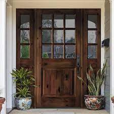 Krosswood Doors 64 In X 80 In Rustic Knotty Alder Clear 9 Lite Red Mahogony Stain Wood Left Hand Single Prehung Front Door Sidelites Red Mahogany