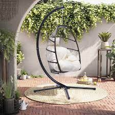 satico 78 in c type bracket outdoor patio wicker rattan steel swing chair with beige cushion and pillow