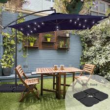 Sonkuki 8 2 Ft X 8 2 Ft Solar Led Lighted Square Patio Cantilever Umbrella With A Base In Navy Blue