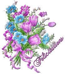 Félicitations" - Bouquet/tulipes roses et fleurs bleues...