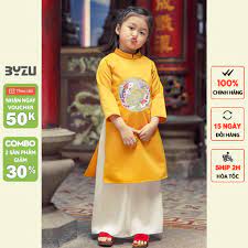 Áo dài cho bé gái BYZU kiểu áo dài cách tân thêu cá, chất liệu tafta màu  vàng óng cao cấp