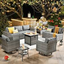Hooowooo Tahoe Grey 10 Piece Wicker Swivel Rocking Outdoor Patio Conversation Sofa Set With A Fire Pit And Striped Grey Cushions