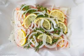 slow baked salmon with onion and lemon