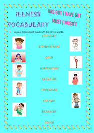 Match the words with the pictures. Illnesses Vocabulary Worksheet