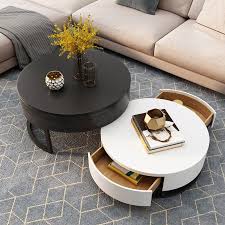 Selection of modern coffee tables: Luxury Modern Round Coffee Table With Storage Lift Top Wood Coffee Table With Rotatable Drawers In White Natural White Black Marble White Modern Round Coffee Table With Storage Lift Top Wood Coffee Table With Rotatable Drawers In White