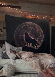 White Moon Wolf Pink Tapestry Blue