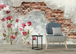 3d Old Brick Wall With Flower Painting