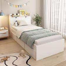 White Wood Twin Size Bed Storage Bed