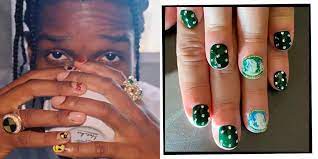 Common motifs on the nails of a$ap rocky are smiley faces, flames, flags and profanity. Maleart Asap Rocky Marc Jacobs And Anwar Hadid Are All Fans Of The Latest Nail Trend Maleart