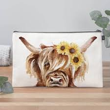 sunflower highland cow makeup bag by