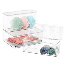 Plastic storage boxes with hinged lids, 3 qt. Hinged Lid Stackable Boxes The Container Store