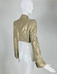 Gaudi gold rain jacket in gold size 14 cropped shiny. Alexander Mcqueen Gold Linen Cropped Military Jacket Palm Beach Vintage