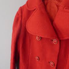 70s Pea Coat M Size Fire Red Woolen