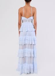 True Decadence Light Blue Plunge Front Tiered Ruffle Maxi Dress