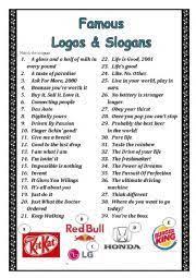 Do you know some of the slogans used by some of the companies around? English Worksheet Famous Logos And Slogans Famous Logos Slogan Famous Slogans