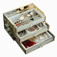 Golden Brass Vintage Glass Jewelry Box
