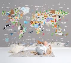 Kids World Map Wallpaper Animal Nursery