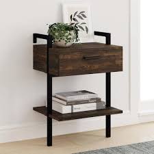 Nathan James Jenny Rustic Wall Mount Nightstand With Drawer And Storage Shelf Nutmeg Wood And Black Metal Frame Brown