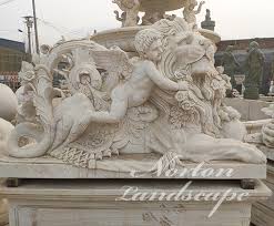 Hand Carved Marble Cherub And Lion Statues