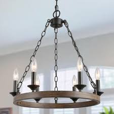 Lnc Sombre 6 Light Black Farmhouse Candle Style Wagon Wheel Chandelier Modern Industrial Pendant With Painted Wood Accents A03399 The Home Depot