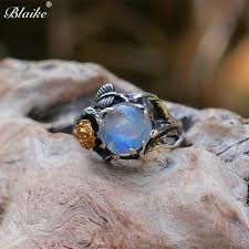 Blaike 2019 New Unique Boho Moonstone Rings For Women Gold Color Flower Vintage Thai Silver Leaf Jewelry Statement Party Gifts Black Diamond