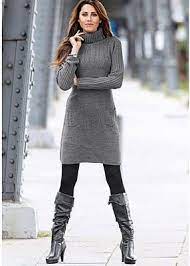 It consists of a grey sweater dress styled with white otk boots. Gray Top Leggings And Boots Fashion Turtle Neck Dress Grey Sweater Dress