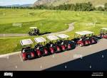 A row of golf carts at the Dunes golf course in Kamloops, BC ...