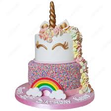 This unicorn birthday cake is an explosion of color and candy, the three layers are each tinted to a different shade of purple, pink, and teal. Unicorn Cake 2 Cakesburg Online Premium Cake Shop