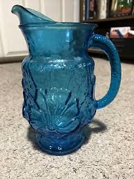 Vintage Blue Glass Pitcher Daisy Flower