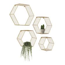 Set Of 4 Gold Hexagon Wall Shelves