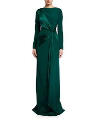 Long Sleeve Crepe Column Gown With Draped Satin Trim