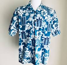 Hilo Hattie Hawaiian Aloha Shirt Blue Tribal With Hibiscus