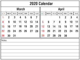 Free March April 2020 Printable Calendar Templates