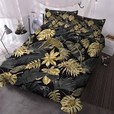 Palm Leaf Duvet Cover Bed Gold Grey