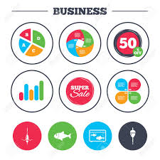 Business Pie Chart Growth Graph Fishing Icons Fish With Fishermen