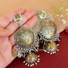 big dual toned oxidised silver chandbali earrings by fashioncrab