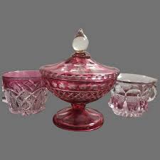 cranberry cut to clear glass candy dish