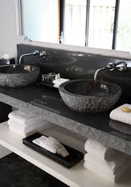 Master bath with double person shower, shower benches, free standing tub and double vanity. Modern Bathroom Design With Gorgeous Black Granite Vanity A Pair Of Carved Black Granite Vessel Si Modern Bathroom Design Bathroom Countertops Trendy Bathroom